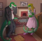  5_fingers alligator alligatorid anthro black_clothing blurred_background bottle briefcase business_suit clothing cregon crocodile crocodilian crocodylid dress drunk family female fingers fireplace footwear furniture green_body group hi_res high_heels holding_object male multicolored_body necktie pink_clothing reptile scalie sofa stairs substance_intoxication suit television tres-art two_tone_body white_body yelling young 