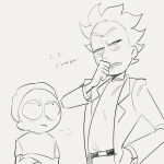  2boys blush crossed_arms grandfather_and_grandson highres labcoat looking_away looking_to_the_side messy_hair morty_smith multiple_boys nipo636 rick_and_morty rick_sanchez short_hair spiked_hair tsundere vomit 