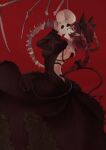  1girl absurdres animal_ears black_bow bow braid cat_ears cat_tail dress highres kaenbyou_rin long_sleeves multiple_tails naufaldreamer pointy_ears red_background red_hair skull tail touhou twin_braids two_tails 