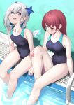  2girls absurdres amane_kanata angel_wings bare_legs blue_eyes blue_hair blue_one-piece_swimsuit breasts colored_inner_hair heterochromia highres hololive houshou_marine large_breasts looking_at_another mikan_(chipstar182) multicolored_hair multiple_girls nail_polish red_eyes red_hair soaking_feet swimsuit virtual_youtuber white_hair wings yellow_eyes 
