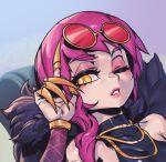  1girl bangs bare_shoulders breasts claws evelynn_(league_of_legends) fur_trim hand_up k/da_(league_of_legends) k/da_evelynn large_breasts league_of_legends long_hair one_eye_closed phantom_ix_row pink_hair red-tinted_eyewear shiny shiny_hair solo sunglasses tinted_eyewear yellow_eyes 