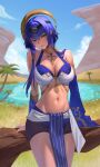  1girl absurdres bangs black_hairband black_shorts blue_eyes blue_hair blue_sky breasts candace_(genshin_impact) cleavage cloud commentary cowboy_shot crop_top day detached_sleeves genshin_impact grass hairband heterochromia highres large_breasts loincloth long_hair long_sleeves looking_at_viewer midriff navel outdoors palm_tree rh_og69 short_shorts shorts sidelocks sky solo standing stomach thighs tree yellow_eyes 