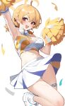  1girl :d absurdres ahoge arm_up armpits bangs blonde_hair blue_archive blush breasts crop_top detached_collar hair_between_eyes halo highres holding holding_pom_poms kotori_(blue_archive) looking_at_viewer medium_breasts pom_pom_(cheerleading) red_eyes shoes short_twintails simple_background skirt smile solo stone_(ksorede) thigh_strap twintails v-shaped_eyebrows white_background white_footwear white_skirt 