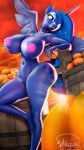  3d_(artwork) 4k 9:16 absurd_res areola big_breasts blue_body blue_feathers breasts digital_media_(artwork) equid equine feathers female friendship_is_magic hasbro hi_res holding_breast horn huge_breasts mammal my_little_pony nipples nude princess_luna_(mlp) solo thick_thighs whiteskyline winged_unicorn wings 
