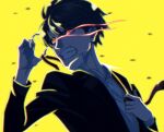  black_hair black_jacket clenched_teeth eye_trail hand_up highres jacket light_trail long_sleeves looking_to_the_side original red_eyes ribbon_removed simple_background solo teeth upper_body yellow_background zudxpnz 