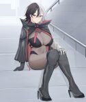  1girl absurdres armored_gloves asymmetrical_gloves azur_lane black_capelet black_footwear black_gloves black_hair bodystocking boots breasts bruenhilde_(azur_lane) capelet cleavage cross gloves hair_between_eyes high_heels highres huge_breasts iron_cross knee_boots multicolored_hair on_stairs red_eyes ref_(pmxt4483) short_hair single_glove sitting sitting_on_stairs split-color_hair stairs thighs two-tone_hair white_hair 