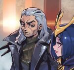  1boy 1girl :d armor bangs black_coat brown_eyes coat grey_hair hair_ornament league_of_legends leblanc_(league_of_legends) long_hair looking_at_another open_mouth phantom_ix_row portrait shiny shiny_hair short_hair smile swain_(league_of_legends) upper_body 