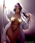  1girl abs backlighting bleach bleach:_brave_souls blush breasts cleavage collarbone contrapposto dark-skinned_female dark_skin english_commentary forehead fur_coat gradient gradient_background high_ponytail highres holding large_breasts light_particles light_purple_hair long_hair long_sleeves looking_at_viewer navel nofuture patreon_username pole pole_dancing red_lips revealing_clothes shihouin_yoruichi solo standing thighs v-shaped_eyebrows wide_sleeves yellow_eyes 