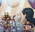  1boy 1girl armor ass azir bangs bird_mask black_hair clenched_hand cowboy_shot egyptian from_behind glowing glowing_eyes gold_armor green_eyes hand_up helmet league_of_legends long_hair looking_at_another mask phantom_ix_row plant potted_plant shiny shiny_hair shoulder_armor sivir 
