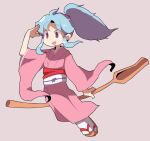  1girl blue_hair botan_(yu_yu_hakusho) dokan_(dkn) flying full_body japanese_clothes kimono long_hair long_sleeves oar object_riding open_mouth ponytail simple_background smile solo yu_yu_hakusho 