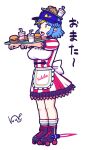  1girl alternate_costume apron back_bow balancing_on_head bangs black_eyes blue_hair bow breasts burger cleavage commentary_request contemporary cup disposable_cup dress employee_uniform fast_food fast_food_uniform food french_fries full_body fuupo hat_ornament highres holding holding_tray jet_engine jiangshi looking_afar medium_breasts miyako_yoshika ofuda open_mouth outstretched_arms purple_headwear red_dress roller_skates short_hair simple_background skates solo star_(symbol) star_hat_ornament striped striped_dress touhou translation_request tray uniform vertical-striped_dress vertical_stripes visor_cap waist_apron white_background white_bow white_dress zombie_pose 