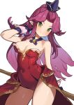  1girl angela_(seiken_densetsu_3) bare_shoulders blue_gloves blue_headwear breasts cleavage closed_mouth gloves green_eyes hat highres long_hair looking_at_viewer medium_breasts moutama pointy_ears purple_hair seiken_densetsu seiken_densetsu_3 simple_background smile solo thighs white_background 