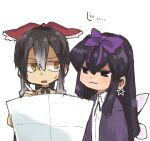  2girls @_@ bangs black_hair blush bow chibi closed_mouth collared_shirt commentary_request cookie_(touhou) drawing earrings hair_bow hakurei_reimu jacket jewelry long_hair looking_at_another multiple_girls nahori_(hotbeans) open_mouth purple_bow purple_jacket red_bow shirt shunga_youkyu simple_background smile star_(symbol) star_earrings star_sapphire touhou upper_body white_background white_shirt yellow_eyes yuyusu_(cookie) 