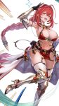  armor bikini_armor boots breasts cape circlet cleavage collar gauntlets highres loincloth metal_collar midriff one_eye_closed original pauldrons red_armor red_eyes red_hair revealing_clothes shoulder_armor smile volshichi 