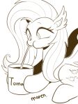  2019 bat_pony bat_wings beverage cutie_mark drinking ear_tuft equid eyelashes female feral flutterbat_(mlp) fluttershy_(mlp) friendship_is_magic hair hasbro hi_res long_hair looking_down mammal marenlicious membrane_(anatomy) membranous_wings my_little_pony signature simple_background sitting straw tomato_juice tuft white_background wings 