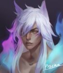  1boy absurdres artist_name bangs black_background closed_mouth collarbone facial_mark hair_over_one_eye highres league_of_legends long_hair male_focus multicolored_hair pink_hair piscina portrait sett_(league_of_legends) solo spirit_blossom_sett two-tone_hair whisker_markings white_hair yellow_eyes 
