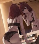  1girl ass black_bra black_panties blue_eyes bra breasts brown_hair cleavage highres ichinose_shiki idolmaster idolmaster_cinderella_girls indoors lace-trimmed_bra lace-trimmed_panties lace_trim large_breasts leaning_forward lingerie long_hair looking_at_mirror mansu_(user_pnmp4287) mirror panties reflection underwear underwear_only wavy_hair 