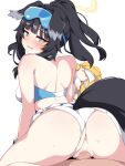  1boy 1girl animal_ears ass back black_hair blue_archive blush breasts censored clothed_sex clothing_aside cowgirl_position crop_top dog_ears dog_girl dog_tail eyewear_on_head from_behind girl_on_top halo hetero hibiki_(blue_archive) hibiki_(cheerleader)_(blue_archive) highres kumasteam long_hair looking_at_viewer looking_back midriff mosaic_censoring panties panties_aside penis pussy sex skirt solo_focus spread_legs straddling tail underwear vaginal 