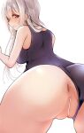  1girl anus ass ass_focus bangs bar_censor bare_shoulders blue_one-piece_swimsuit blush breasts censored clothing_aside from_behind grey_hair hair_between_eyes highres long_hair looking_at_viewer looking_back medium_breasts no_panties one-piece_swimsuit original paid_reward_available parted_lips pussy red_eyes rikudou_inuhiko school_swimsuit sidelocks simple_background solo swimsuit swimsuit_aside white_background 