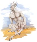  2021 animal_genitalia anklet anthro balls blue_eyes border brown_eyes equid equine fur genitals hand_on_leg heterochromia hi_res hooves horse i-psilone jewelry male mammal nude pink_balls pink_nose sheath sitting slim slim_male small_waist solo white_body white_border white_fur 