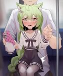  1boy 1girl 3: ^^^ akashi_(azur_lane) animal_ear_fluff azur_lane black_choker black_ribbon black_skirt blush braid cellphone choker closed_mouth embarrassed green_hair hair_ornament hairclip head_on_head head_rest hetero high-waist_skirt holding holding_another&#039;s_wrist holding_phone long_hair mole mole_under_eye neck_ribbon pantyhose parted_lips phone ribbon shirt single_braid sitting sitting_on_lap sitting_on_person skirt sleeves_past_fingers sleeves_past_wrists smartphone smartphone_case streetcar_interior very_long_hair viroa white_pantyhose white_shirt wide-eyed yellow_eyes 