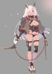  1girl arms_at_sides bangs black_panties breasts brown_capelet capelet enkyo_yuuichirou grey_background hair_over_one_eye highres holding holding_weapon knee_pads long_hair looking_at_viewer medium_breasts original panties parted_lips red_eyes simple_background solo standing thigh_strap underwear weapon white_hair 