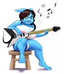  2020 alternate_species amara_burrger annoyed anthro barefoot big_breasts black_hair blue_body blue_fur breasts buckteeth feet female fur furniture green_eyes guitar hair hi_res holding_guitar lagomorph leporid looking_down mammal musical_instrument musical_note nipples playing_guitar playing_music plucked_string_instrument rabbit sitting sitting_on_stool solo stool string_instrument teeth white_body white_fur 