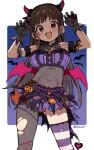  1girl arm_garter black_bodysuit black_gloves blush bodysuit breasts brown_hair claw_pose covered_navel demon_horns demon_wings earrings feet_out_of_frame gloves halloween_costume highres horns idolmaster idolmaster_shiny_colors jewelry looking_at_viewer medium_breasts purple_tube_top shisoneri single_thighhigh smile solo sonoda_chiyoko star_(symbol) star_earrings star_sticker sticker_on_face strapless thighhighs torn_bodysuit torn_clothes tube_top wings 