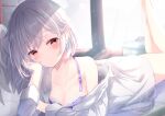  1girl absurdres blush bra braid breasts cleavage closed_mouth collarbone feathered_wings grey_hair highres kishin_sagume large_breasts long_sleeves looking_at_viewer lying niko_kusa on_stomach purple_bra red_eyes short_hair signature single_wing smile solo the_pose touhou underwear white_wings wings 