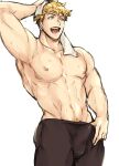  1boy abs bangs bara blonde_hair granblue_fantasy green_eyes holding holding_towel large_pectorals male_focus muscular muscular_male navel nipples open_mouth pectorals sat_0804 short_hair simple_background smile solo topless_male towel vane_(granblue_fantasy) white_background 
