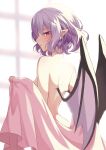  1girl back bat_wings beni_kurage blanket breasts commentary_request highres light_purple_hair looking_back medium_hair nude pointy_ears red_eyes remilia_scarlet simple_background small_breasts solo touhou vampire wings 