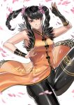  1girl black_gloves black_hair black_leggings breasts brown_eyes character_name china_dress chinese_clothes dress fighting_stance gloves hanny_(uirusu_chan) highres leggings ling_xiaoyu looking_at_viewer medium_breasts orange_dress petals smirk solo tekken tekken_7 twintails twitter_username 