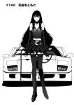  1girl bangs boots bustier car elbow_gloves ferrari ferrari_f40 fingerless_gloves frown garter_straps gloves greyscale ground_vehicle headlight highres kanojo_no_carrera kikuchi_michitaka kirishima_parco long_hair looking_at_viewer midriff_peek monochrome motor_vehicle navel official_art skirt spoiler_(automobile) straight-on thighhighs v-shaped_eyebrows very_long_hair white_background 