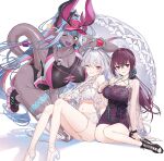  3girls ahoge bangs bare_shoulders bikini black_one-piece_swimsuit blue_hair blush body_markings breasts choker cleavage collarbone colored_skin covered_navel dress earrings fate/grand_order fate_(series) frilled_bikini frills glasses grey_skin hair_between_eyes hair_ornament hair_scrunchie hayashi_kewi highleg highleg_swimsuit highres horns huge_breasts ibuki_douji_(fate) ibuki_douji_(swimsuit_berserker)_(fate) ibuki_douji_(swimsuit_berserker)_(first_ascension)_(fate) jewelry kneeling knees_up lady_avalon_(fate) lady_avalon_(second_ascension)_(fate) large_breasts long_hair long_sleeves looking_at_viewer medium_breasts merlin_(fate/prototype) multicolored_hair multiple_girls navel one-piece_swimsuit one_eye_closed oni oni_horns open_mouth parasol pink_hair pink_headwear pink_one-piece_swimsuit pointy_ears ponytail purple_dress purple_eyes purple_hair red_eyes scathach_(fate) scathach_skadi_(fate) scathach_skadi_(swimsuit_ruler)_(fate) scathach_skadi_(swimsuit_ruler)_(second_ascension)_(fate) scrunchie see-through see-through_sleeves shoes sidelocks sitting smile sneakers sweater sweater_dress swimsuit tail two-tone_swimsuit umbrella very_long_hair visor_cap whistle whistle_around_neck white_bikini white_hair 