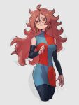 1girl android_21 black_sleeves breasts checkered_clothes checkered_dress closed_mouth detached_sleeves dragon_ball dragon_ball_fighterz dress glasses grey_background kemachiku long_hair looking_to_the_side medium_breasts red_eyes red_hair simple_background smile solo 
