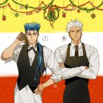  ! !! 2boys apron archer_(fate) black_apron black_necktie black_vest blue_hair christmas_ornaments collared_shirt commentary_request cu_chulainn_(fate) cu_chulainn_(fate/stay_night) dark-skinned_male dark_skin fate/stay_night fate_(series) g0ringo grey_eyes holding long_hair looking_at_another male_focus mistletoe multicolored_background multiple_boys muscular muscular_male necktie ponytail red_eyes shirt signature spiked_hair vest waiter white_apron white_hair white_shirt 