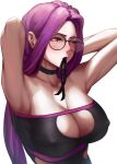  1girl armpits arms_up breasts covered_nipples fate/stay_night fate_(series) glasses long_hair looking_away medusa_(fate) medusa_(rider)_(fate) mouth_hold purple_eyes purple_hair ribbon tamamoice very_long_hair 