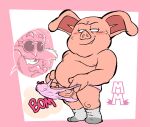  2022 anthro balls beard belly blush bodily_fluids clothing domestic_pig dragon_ball duo erection eyewear facial_hair genitals hi_res human humanoid_genitalia humanoid_hands humanoid_penis male mammal master_roshi moobs naughtybassard oolong_(dragon_ball) overweight overweight_male penis suid suina sunglasses sus_(pig) sweat underwear 