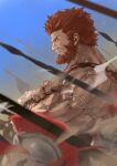 1boy absurdres armor army bare_shoulders beard commentary_request crossed_arms dark-skinned_male dark_skin day facial_hair fate/grand_order fate/zero fate_(series) from_side highres ionioi_hetairoi_(fate) iskandar_(fate) kdm_(ke_dama) looking_ahead male_focus muscular muscular_male polearm red_eyes red_hair serious short_hair solo spear upper_body veins veiny_arms weapon 