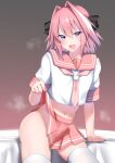  1boy astolfo_(fate) astolfo_(sailor_paladin)_(fate) bangs blush bow bulge clothes_lift crop_top erection erection_under_clothes fate/grand_order fate_(series) hair_bow hair_intakes highres kitajima_yuuki long_hair looking_at_viewer midriff multicolored_hair navel neckerchief open_mouth otoko_no_ko pink_hair pink_sailor_collar pink_skirt purple_eyes sailor_collar school_uniform serafuku shirt short_sleeves sitting skirt skirt_lift smile solo streaked_hair thighhighs thighs white_hair white_shirt white_thighhighs 