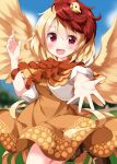  1girl animal_on_head bird bird_on_head bird_tail bird_wings blonde_hair brown_dress chick chicken dress feathered_wings highres multicolored_hair niwatari_kutaka on_head orange_dress red_hair ruu_(tksymkw) shirt solo tail tail_feathers touhou two-tone_hair white_shirt wings yellow_wings 