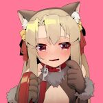  1girl animal_hands bad_id bad_twitter_id belt_collar blonde_hair blush collar embarrassed fate/kaleid_liner_prisma_illya fate_(series) fur_collar gloves holding holding_leash illyasviel_von_einzbern leash long_hair open_mouth paw_gloves pink_background red_eyes revealing_clothes simple_background solo upper_body viroa white_background 
