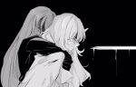  1boy 1girl angelica_(library_of_ruina) argalia_(library_of_ruina) ascot bangs black_background blood blood_on_face blood_on_weapon brother_and_sister closed_eyes from_side gloves greyscale highres hug hug_from_behind jacket library_of_ruina long_hair looking_ahead monochrome mu46016419 parted_lips pointing_sword pointing_weapon profile project_moon shaded_face shirt siblings simple_background sword tears upper_body weapon 
