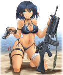  1girl absurdres assault_rifle battle_rifle beach bikini black_bikini black_hair breasts fn_fal green_eyes grenade_launcher gun handgun highres holding holding_gun holding_weapon holster knife large_breasts magazine_(weapon) mikeran_(mikelan) multi-strapped_bikini navel o-ring o-ring_bikini o-ring_bottom ocean original rifle scope short_hair smile solo swimsuit thigh_holster thigh_strap underbarrel_grenade_launcher weapon 