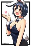  1girl absurdres animal_ears black_bow black_bowtie black_pantyhose blue_hair blue_leotard blush bow bowtie brave_witches breasts brown_eyes cleavage highres hiroshi_(hunter-of-kct) large_breasts leotard looking_at_viewer open_mouth pantyhose playboy_bunny rabbit_ears rabbit_tail shimohara_sadako shiny shiny_hair shiny_skin short_hair smile solo tail world_witches_series 