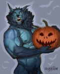  2022 anthro biped bite_mark black_body black_fur blue_body blue_fur canid canine claws crumbs danpinneon digital_media_(artwork) empty_eyes fangs finger_claws food fruit fur grey_background halloween hi_res holding_object holidays jack-o&#039;-lantern male mammal multicolored_body multicolored_fur muscular muscular_anthro muscular_male navel neck_tuft nipples nude phinnherz plant pubes pumpkin simple_background smile solo tuft two_tone_body two_tone_fur veiny_muscles were werecanid werecanine werewolf white_eyes 