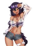  1girl :d absurdres animal_ears arm_up bikini bikini_under_clothes black_bikini black_hair black_nails blush braid breasts cleavage collarbone contrapposto crop_top dark-skinned_female dark_skin fang grey_shorts heart heart-shaped_eyewear highres jahy jahy-sama_wa_kujikenai! jewelry large_breasts long_hair long_sleeves looking_at_viewer nail_polish navel necklace o-ring open_clothes open_fly open_mouth open_shorts pointy_ears purple-tinted_eyewear see-through shirt shorts simple_background single_braid skin_fang smile solo stomach sweetcheese swimsuit thigh_strap tinted_eyewear very_long_hair white-framed_eyewear white_background white_shirt yellow_eyes 