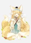  :d ^_^ absurdres animal_ears animal_on_head arknights black_cat blue_dress cardigan cat cat_on_head closed_eyes dress facing_viewer fox_ears fox_girl fox_tail grey_background guozhihanliangweida_10 hands_up happy heart heixiu highres kitsune multiple_tails neck_ribbon official_alternate_costume on_head open_cardigan open_clothes open_mouth red_ribbon ribbon simple_background smile suzuran_(arknights) suzuran_(spring_praise)_(arknights) tail the_legend_of_luo_xiaohei two-tone_dress upper_body white_cardigan white_dress 