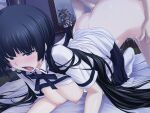  1boy 1girl ass bangs black_hair black_ribbon blunt_bangs blush bottomless breasts clothes_lift cum cumdrip doggystyle futon game_cg half-closed_eyes hetero indoors kawagishi_keitarou large_breasts long_hair low_twintails maji_de_watashi_ni_koi_shinasai! mayuzumi_yukie neck_ribbon nipples open_mouth ribbon sex sex_from_behind shiny shiny_hair shirt shirt_lift short_sleeves twintails very_long_hair white_shirt wing_collar 