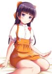  1girl anna_miller apron black_hair bow breasts commentary_request dress_shirt gokou_ruri hair_bow highres long_hair looking_at_viewer mole mole_under_eye name_tag orange_apron orange_bow orange_skirt ore_no_imouto_ga_konna_ni_kawaii_wake_ga_nai purple_eyes shirt sitting skirt small_breasts solo takatsuki_akira waitress white_shirt 